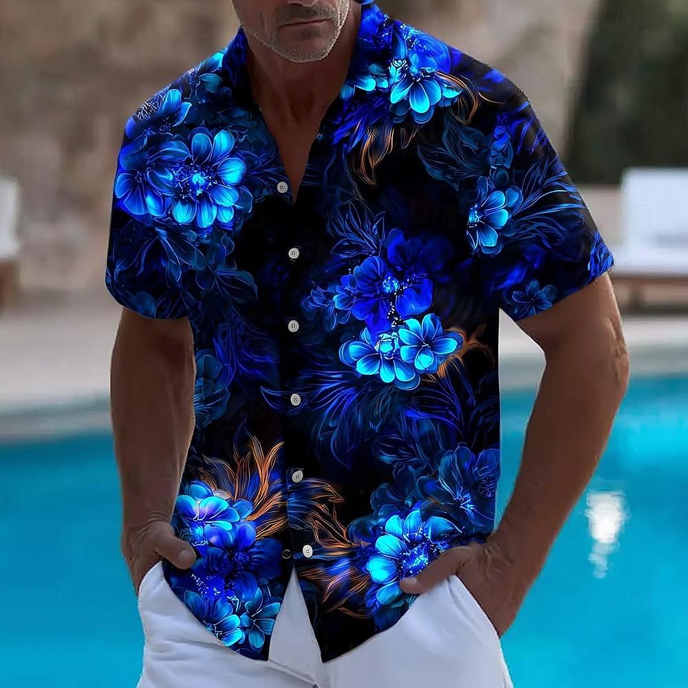 Vintage Hawaiian Floral Shirt - Men's Floral Print Neon Glow Flowers