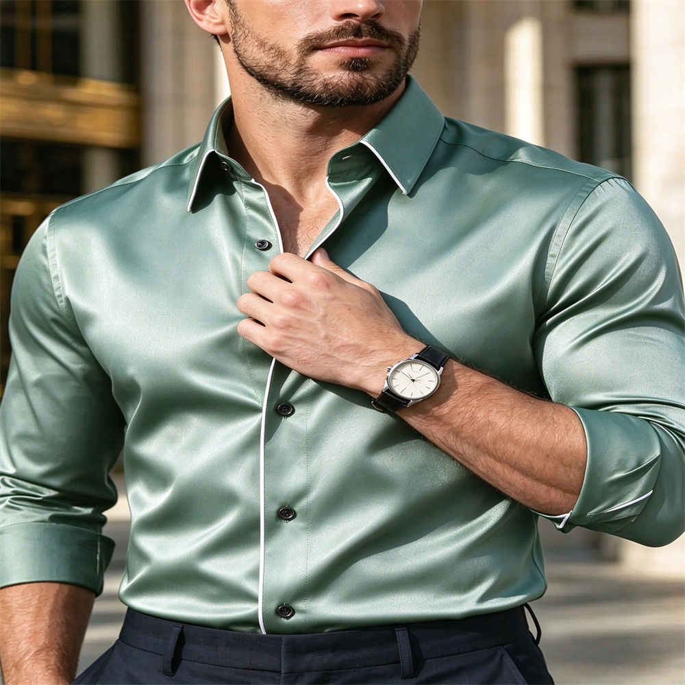 Mens Satin Silk Dress Shirt - Men Slim Fit Satin Long Sleeve