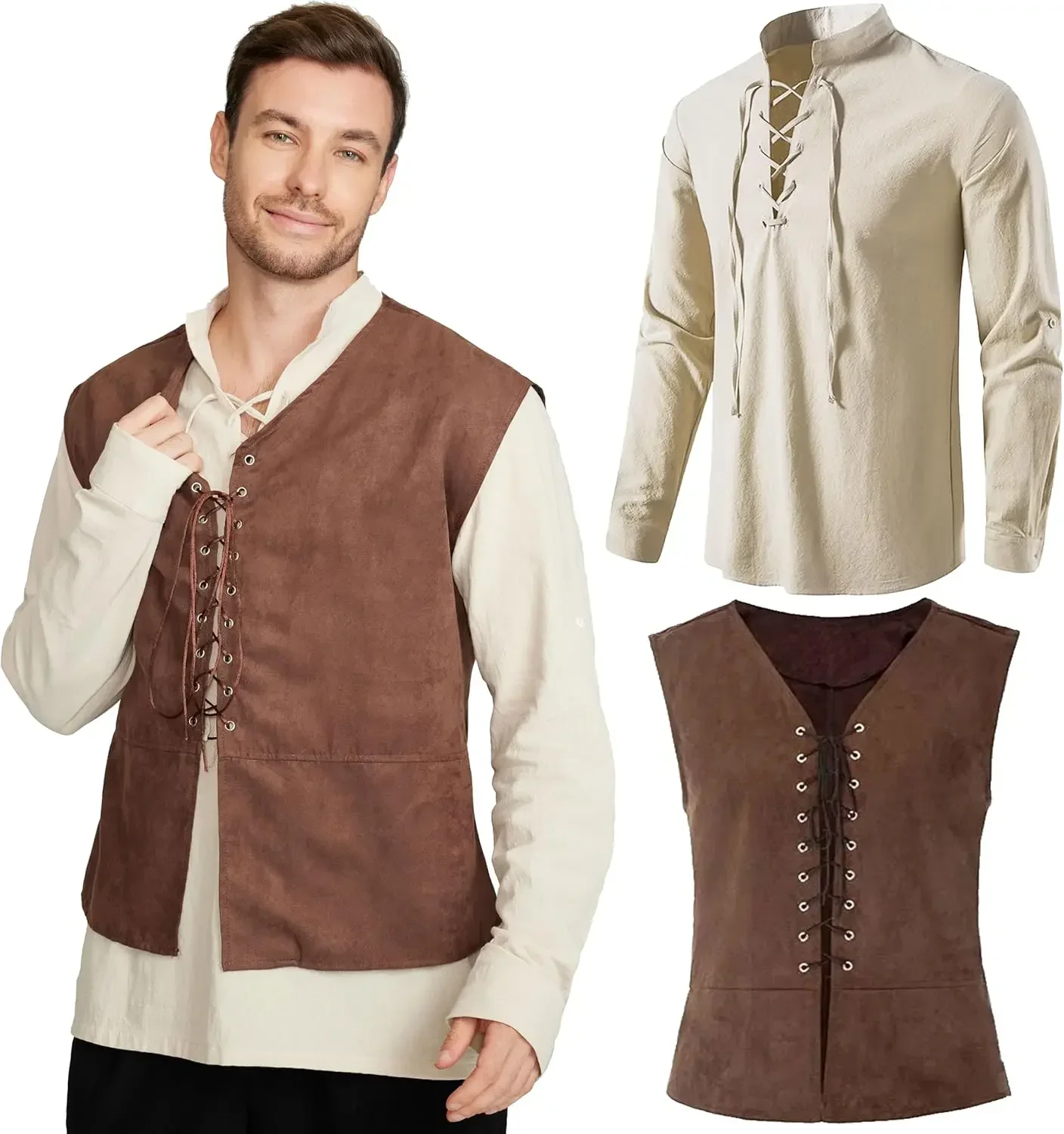 2-piece Set Men's Medieval Pir - Medieval Gothic Lace Up Pirate Shirt review and price